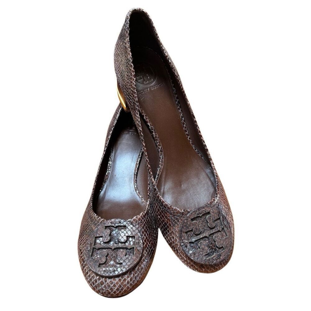 NWOB Tory Burch Amy Brown Snake Skin Leather Block Low Heels 10.5 US